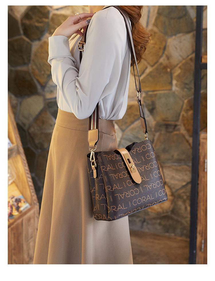 Womens Crossbody Handbag Monogram Pattern Canvas with Brown Leather Trim